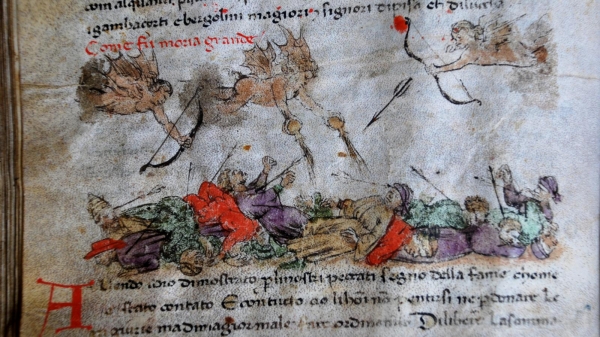 유럽에서 2천 5백만명이 사망한 것으로 추정되는 흑사병. 14세기 후반기에 묘사된 그림. (Credit: Courtesy of Louise Marshall/ Archivio di Stato, Lucca)